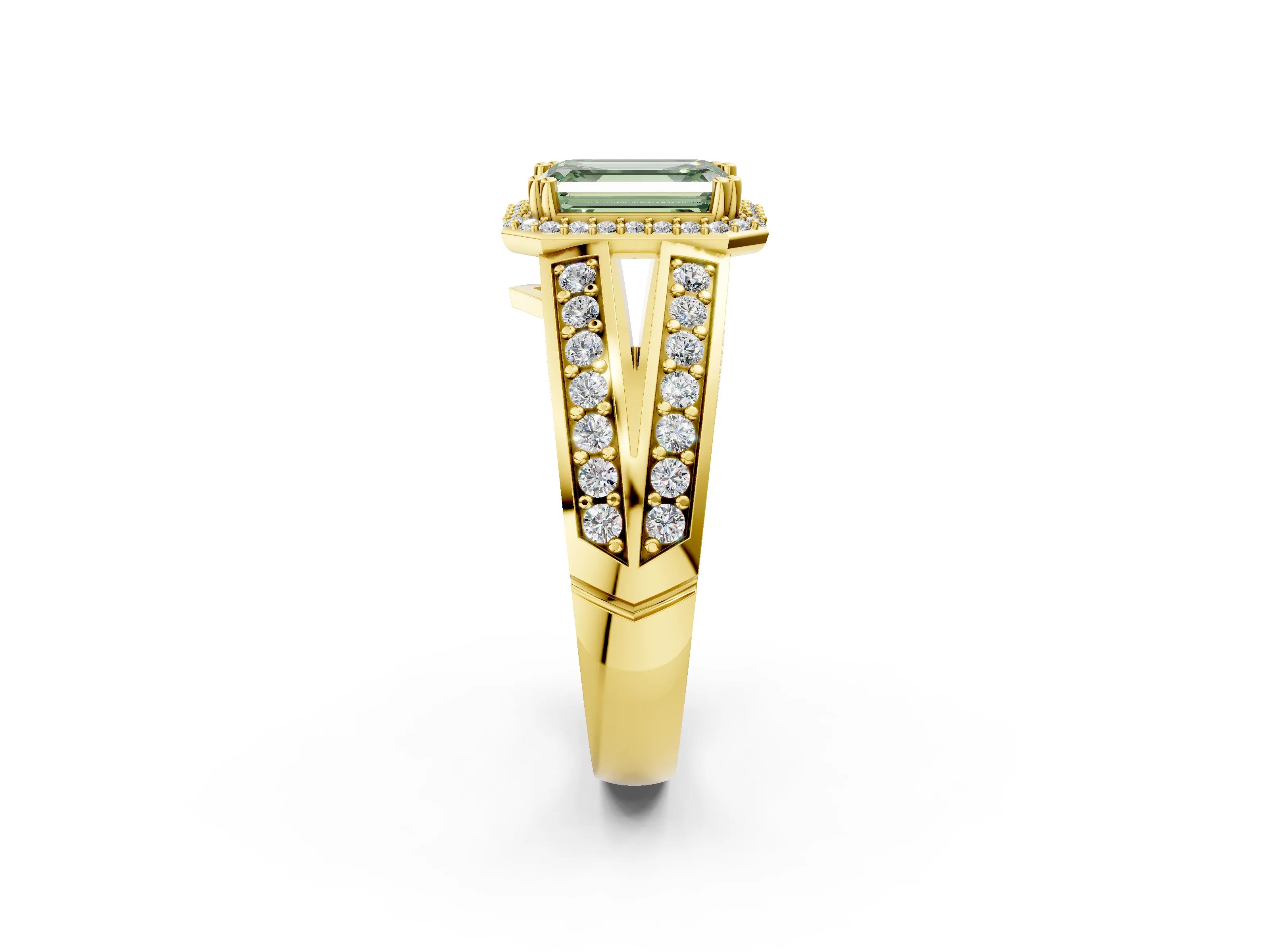 Yellow gold Fancy Green Emerald Cut Diamond Halo Ring with Split Shank Pavé Band and Four-Prong Setting_2