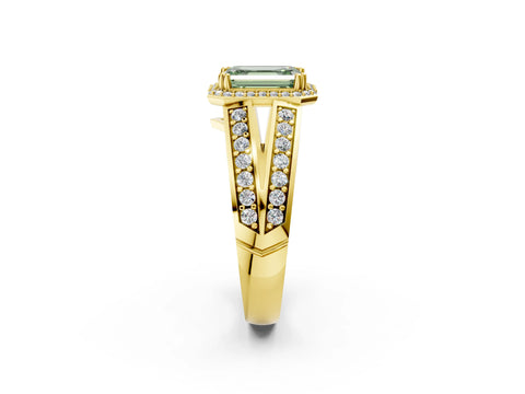 Yellow gold Fancy Green Emerald Cut Diamond Halo Ring with Split Shank Pavé Band and Four-Prong Setting_2