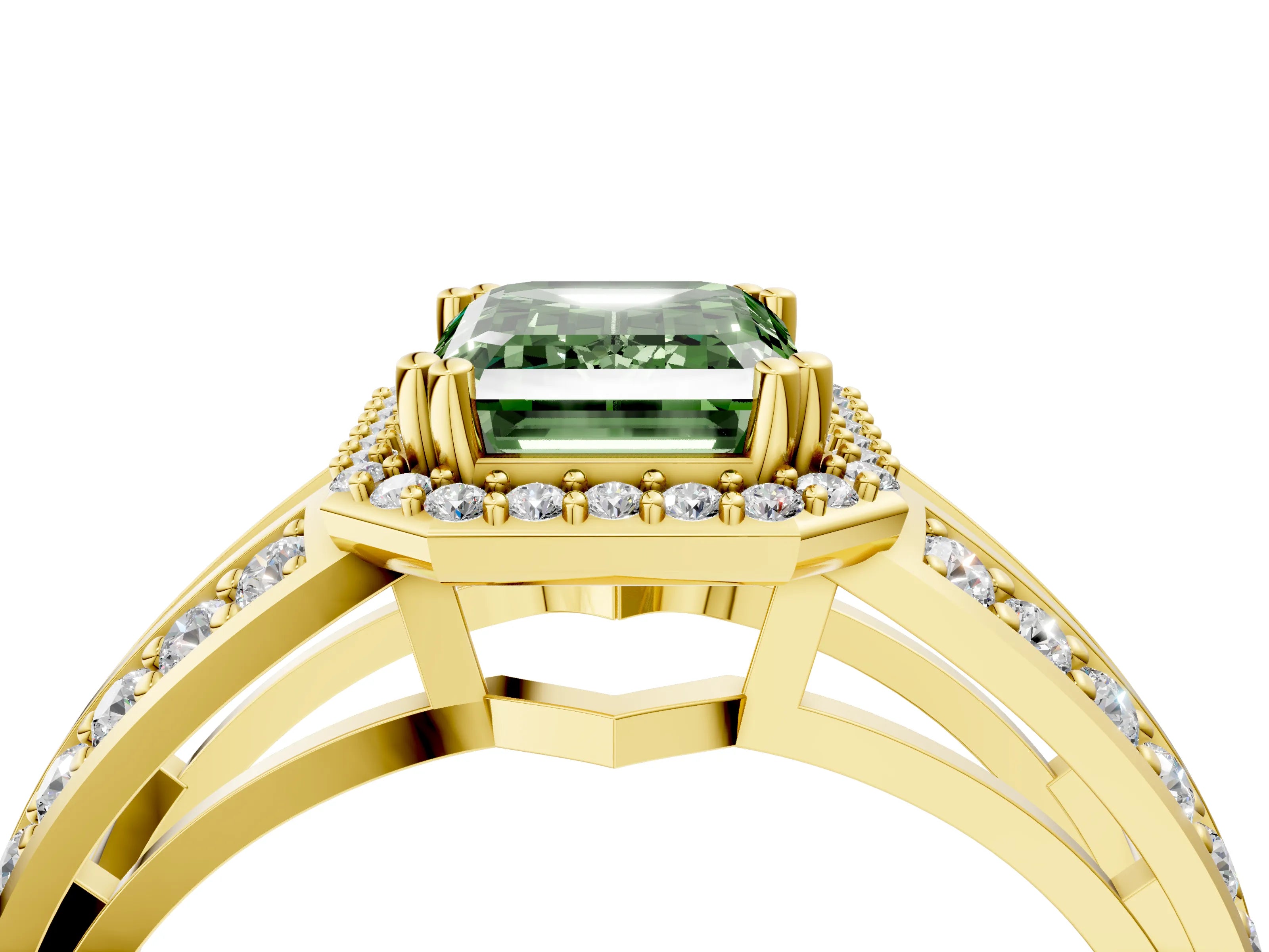 Yellow gold Fancy Green Emerald Cut Diamond Halo Ring with Split Shank Pavé Band and Four-Prong Setting_4