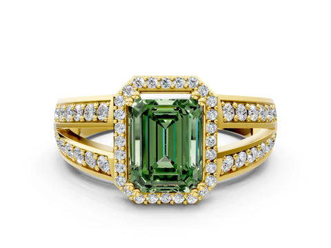 Yellow gold Fancy Green Emerald Cut Diamond Halo Ring with Split Shank Pavé Band and Four-Prong Setting