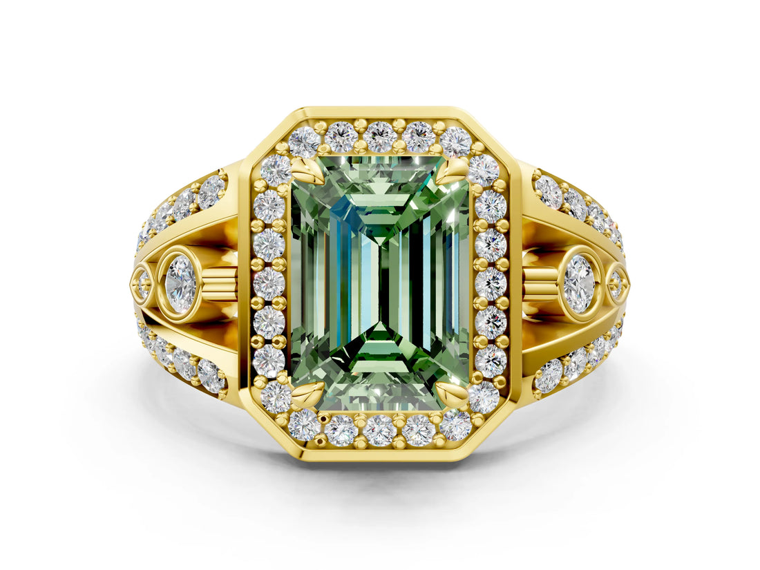 Yellow gold Fancy Green Emerald Cut Diamond Halo Ring with Split Shank and Bezel Accents and Four-Prong Setting