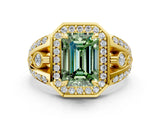 Yellow gold Fancy Green Emerald Cut Diamond Halo Ring with Split Shank and Bezel Accents and Four-Prong Setting