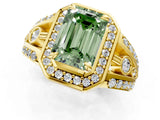 Yellow gold Fancy Green Emerald Cut Diamond Halo Ring with Split Shank and Bezel Accents and Four-Prong Setting_1