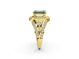 Yellow gold Fancy Green Emerald Cut Diamond Halo Ring with Split Shank and Bezel Accents and Four-Prong Setting_2