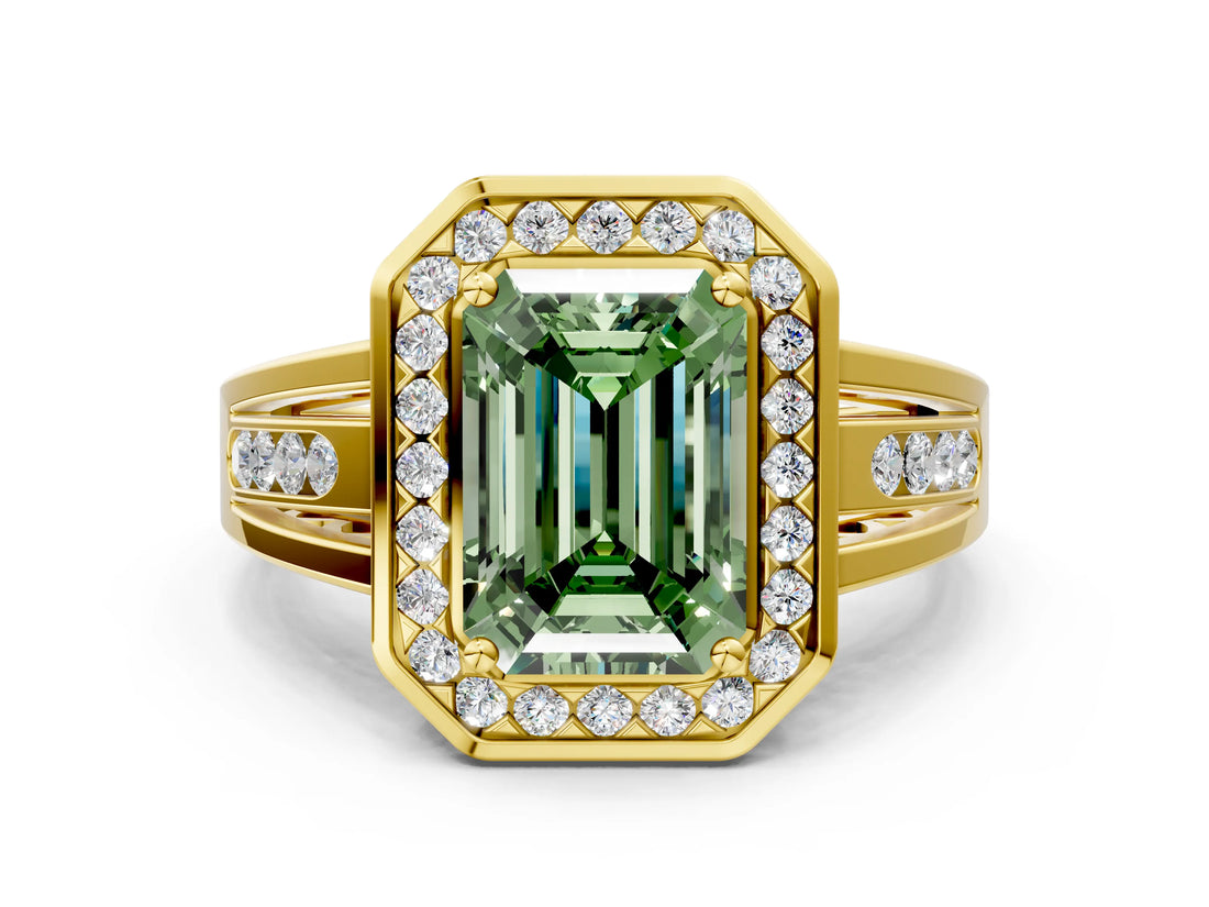Yellow gold Fancy Green Emerald Cut Diamond Halo Ring with Split Shank and Bezel Accents and Prong Setting