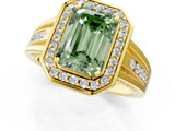 Yellow gold Fancy Green Emerald Cut Diamond Halo Ring with Split Shank and Bezel Accents and Prong Setting_1
