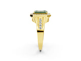 Yellow gold Fancy Green Emerald Cut Diamond Halo Ring with Split Shank and Bezel Accents and Prong Setting_2