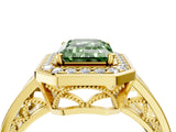 Yellow gold Fancy Green Emerald Cut Diamond Halo Ring with Split Shank and Bezel Accents and Prong Setting_4