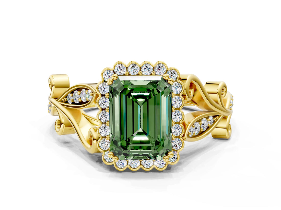 Yellow gold Fancy Green Emerald Cut Diamond Halo Ring with Vintage Split Shank and Four-Prong Setting_37