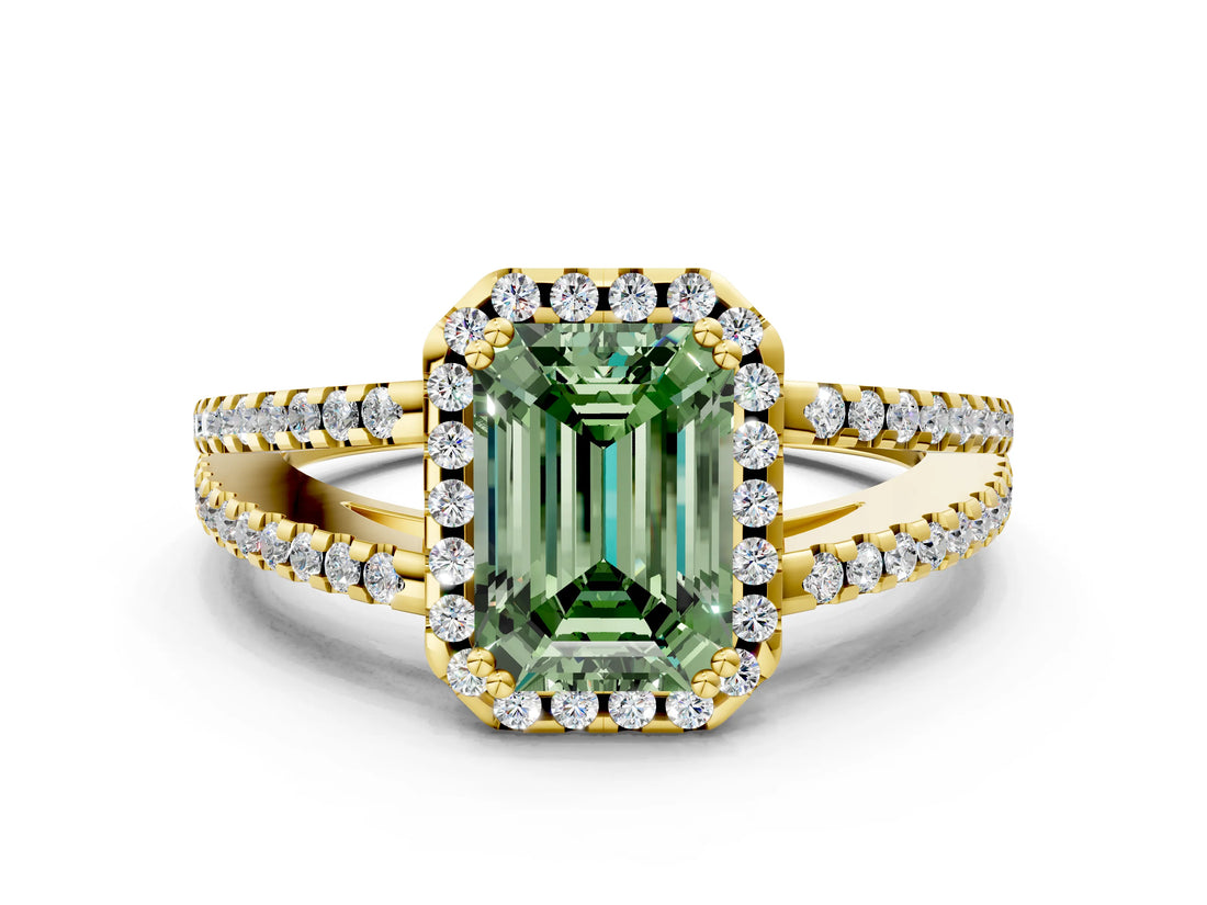 Yellow gold Fancy Green Emerald Cut Diamond Halo Split Shank Engagement Ring_59