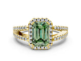 Yellow gold Fancy Green Emerald Cut Diamond Halo Split Shank Engagement Ring_59