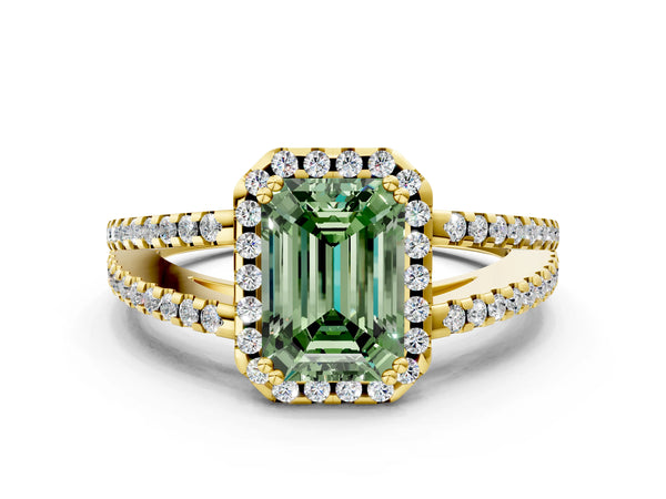 Yellow gold Fancy Green Emerald Cut Diamond Halo Split Shank Engagement Ring