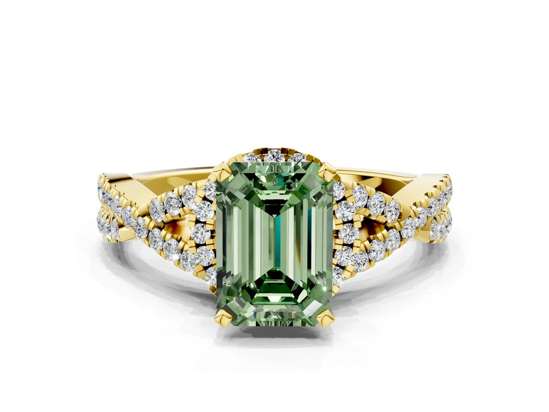 Yellow gold Fancy Green Emerald Cut Diamond  Halo Twist Band Solitaire Prong Setting Ring_48