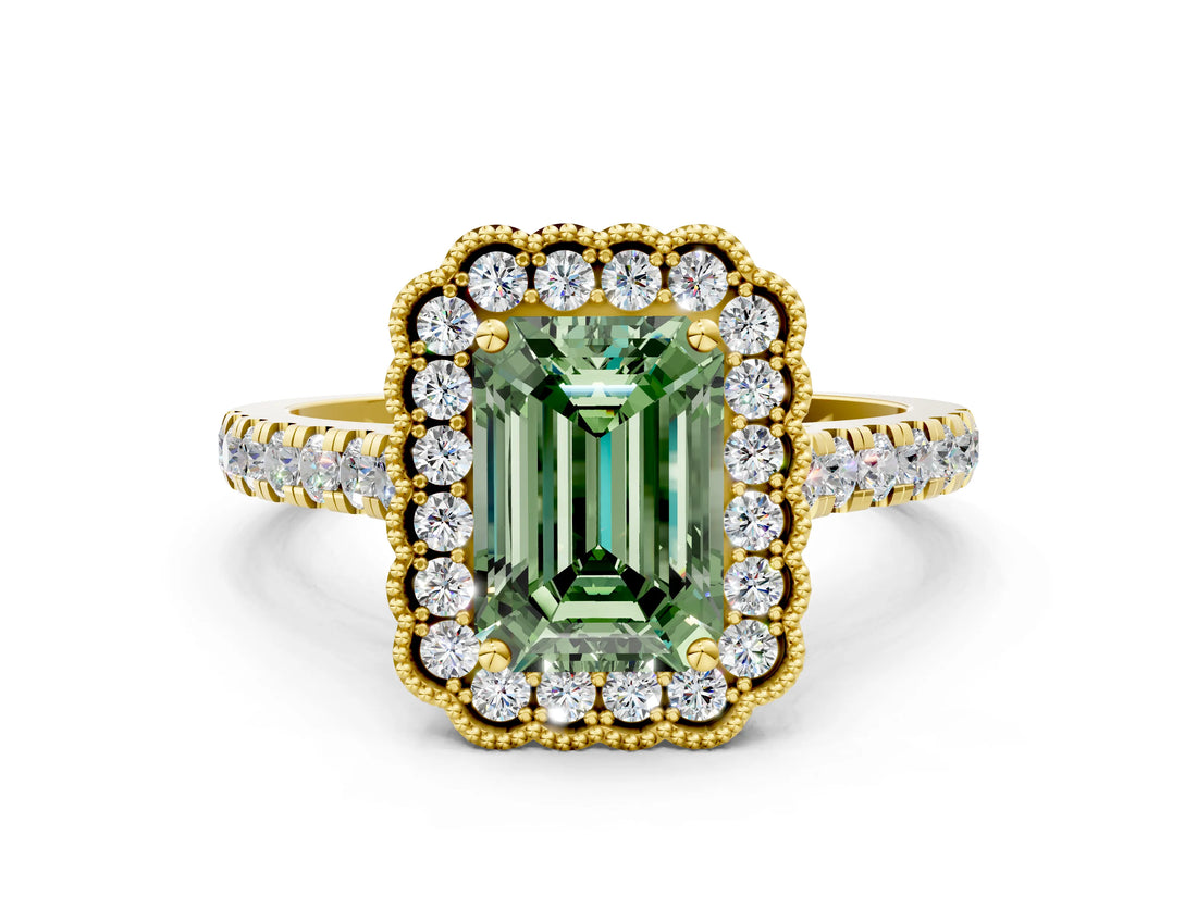 Yellow gold Fancy Green Emerald  Cut Diamond Milgrain Floral Halo Engagement Ring with Pavé Band_15