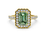 Yellow gold Fancy Green Emerald  Cut Diamond Milgrain Floral Halo Engagement Ring with Pavé Band_15