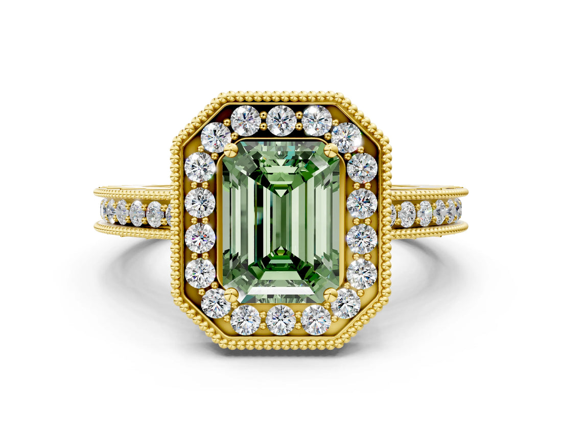 Yellow gold Fancy Green Emerald Cut Diamond Milgrain Halo Engagement Ring with Round Pavé Band and Prong Setting_12