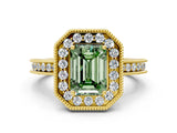 Yellow gold Fancy Green Emerald Cut Diamond Milgrain Halo Engagement Ring with Round Pavé Band and Prong Setting_12