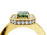 Yellow gold Fancy Green Emerald Cut Diamond Milgrain Halo Engagement Ring with Round Pavé Band and Prong Setting_16
