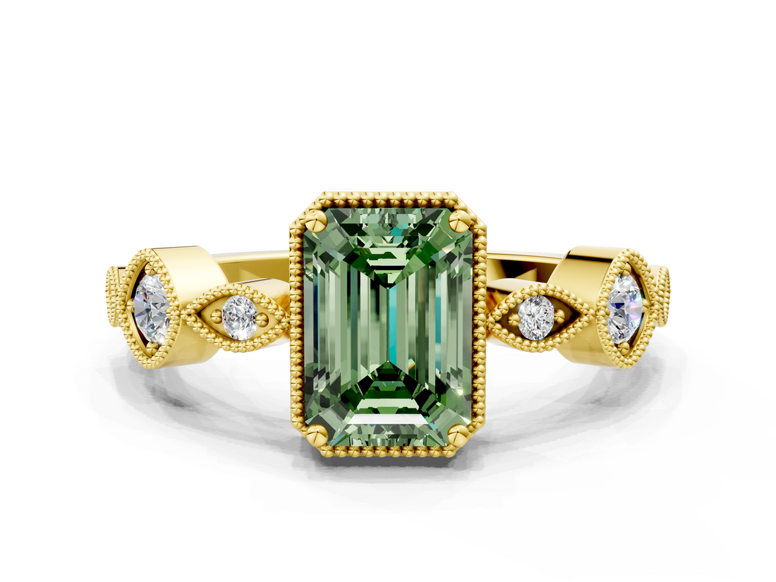 Yellow gold Fancy Green Emerald  Cut Diamond Milgrain Marquise Band with Prong Setting_3