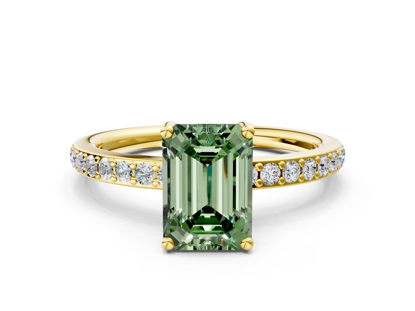 Yellow gold Fancy Green Emerald  Cut Diamond Pavé Band Ring with Four-Prong Setting