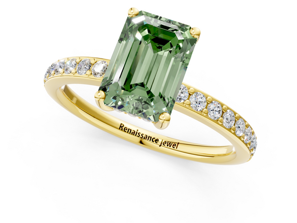 Yellow gold Fancy Green Emerald  Cut Diamond Pavé Band Ring with Four-Prong Setting