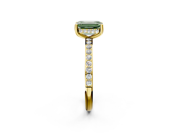 Yellow gold Fancy Green Emerald  Cut Diamond Pavé Band Ring with Four-Prong Setting