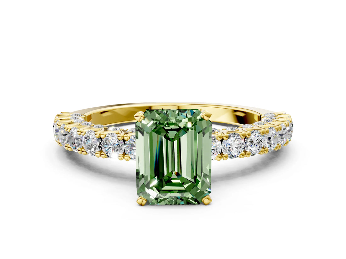Yellow gold Fancy Green Emerald Cut Diamond Pavé Band Solitaire Ring with Prong Setting_88