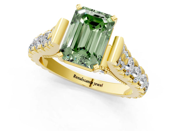 Yellow gold Fancy Green Emerald Cut Diamond Classic Solitaire Ring with Pavé Band and Four-Prong Setting