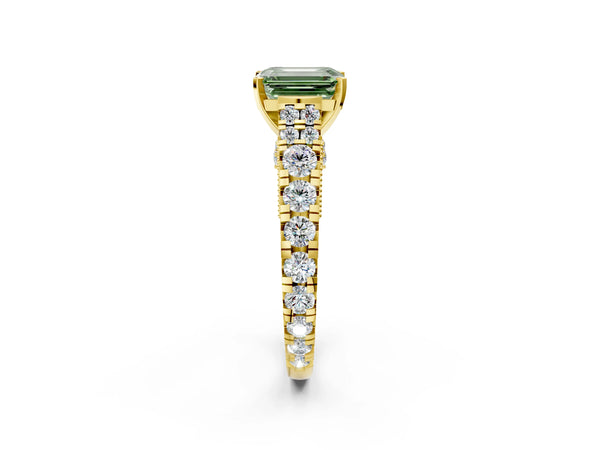 Yellow gold Fancy Green Emerald Cut Diamond Classic Solitaire Ring with Pavé Band and Four-Prong Setting