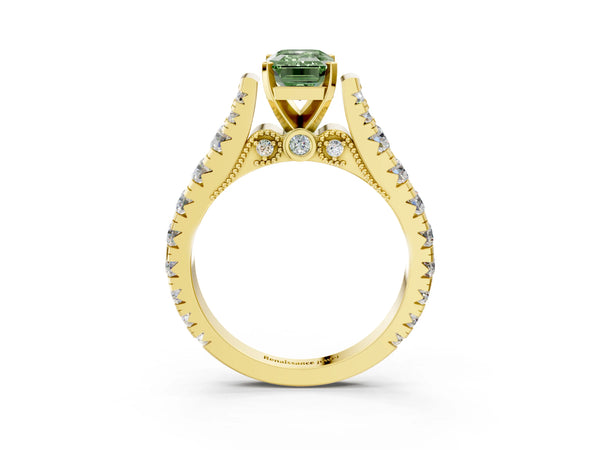 Yellow gold Fancy Green Emerald Cut Diamond Classic Solitaire Ring with Pavé Band and Four-Prong Setting
