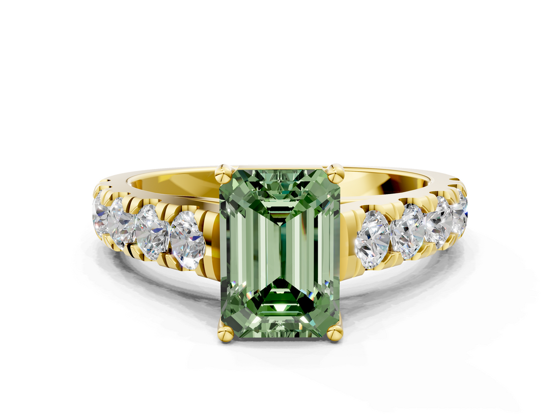 Yellow gold Fancy Green Emerald  Cut Diamond Pavé Band Solitaire with Four-Prong Setting_3