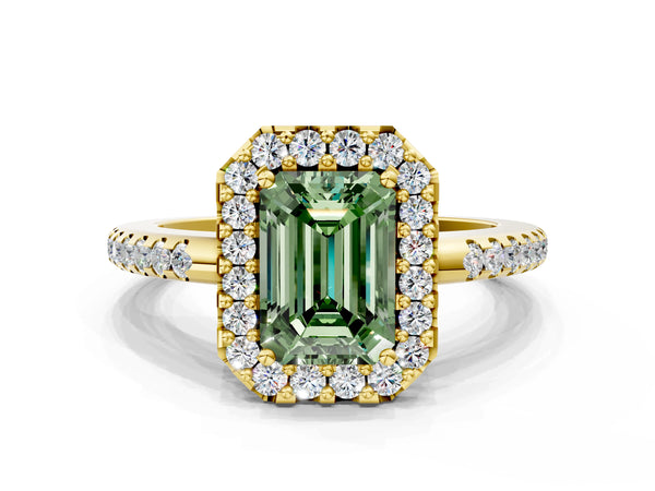Yellow gold Fancy Green Emerald Cut Diamond Pavé Halo Ring with Four-Prong Setting