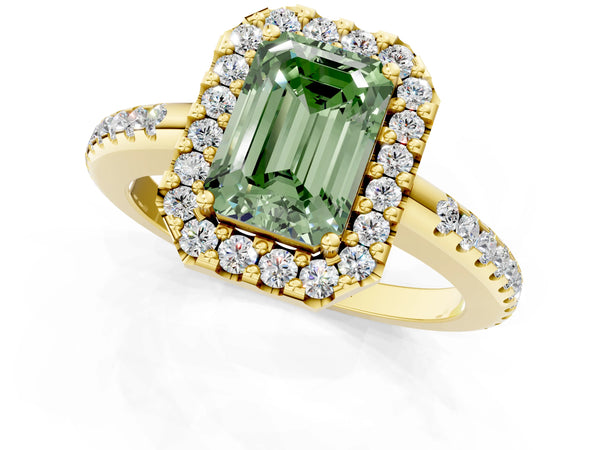 Yellow gold Fancy Green Emerald Cut Diamond Pavé Halo Ring with Four-Prong Setting