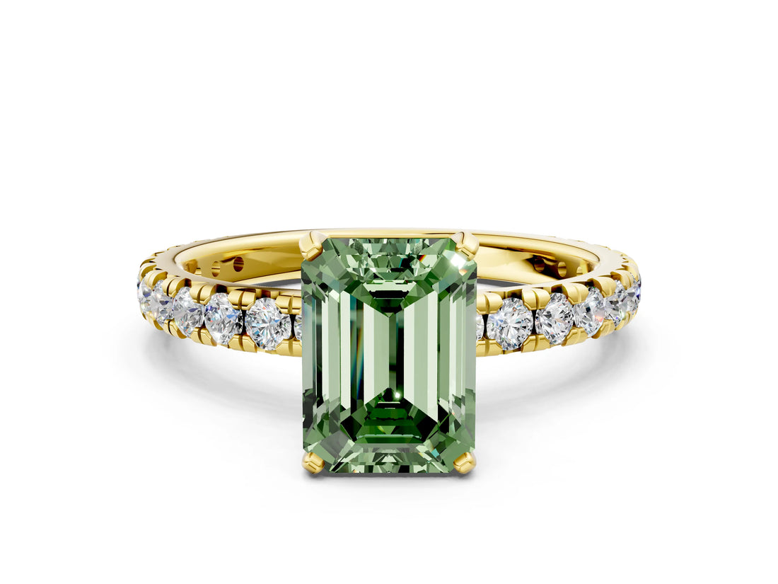 Yellow gold Fancy Green Emerald Cut Diamond Pavé Solitaire Ring with Round Band and Prong Setting_12