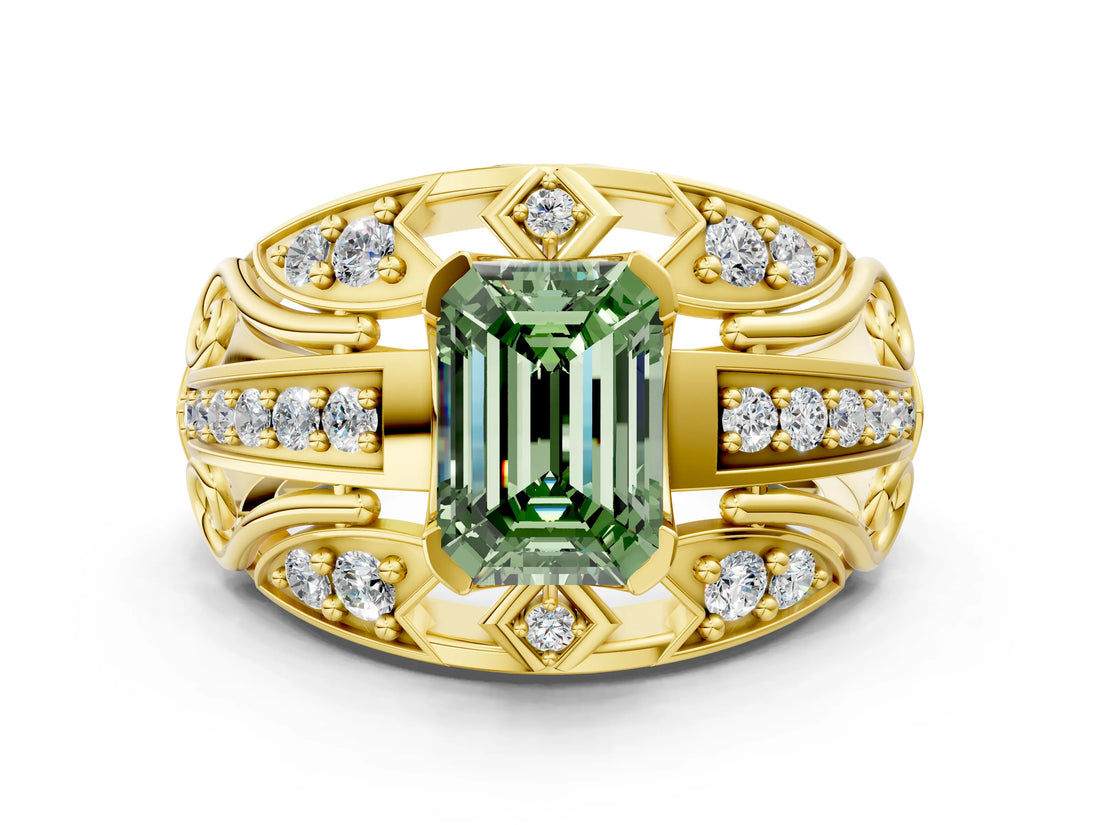 Yellow gold Fancy Green Emerald Cut Diamond Pave Art Deco Split Shank Ring with Four-Prong Setting