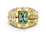 Yellow gold Fancy Green Emerald Cut Diamond Pave Art Deco Split Shank Ring with Four-Prong Setting
