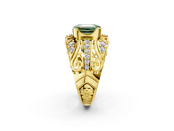 Yellow gold Fancy Green Emerald Cut Diamond Pave Art Deco Split Shank Ring with Four-Prong Setting
