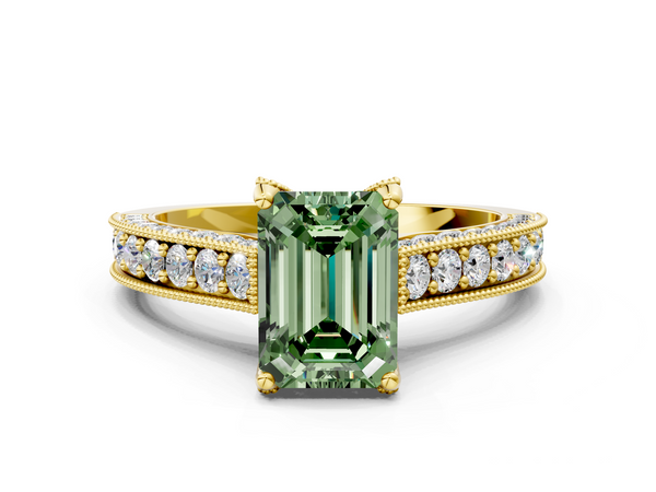 Yellow gold Fancy Green Emerald  Cut Diamond Solitaire Ring with Milgrain Pave Band and Four Prong Setting