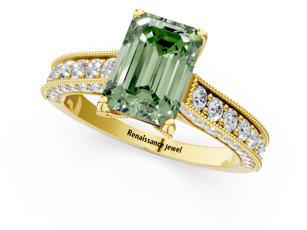 Yellow gold Fancy Green Emerald  Cut Diamond Solitaire Ring with Milgrain Pave Band and Four Prong Setting
