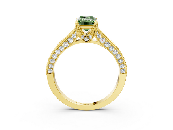 Yellow gold Fancy Green Emerald  Cut Diamond Solitaire Ring with Milgrain Pave Band and Four Prong Setting