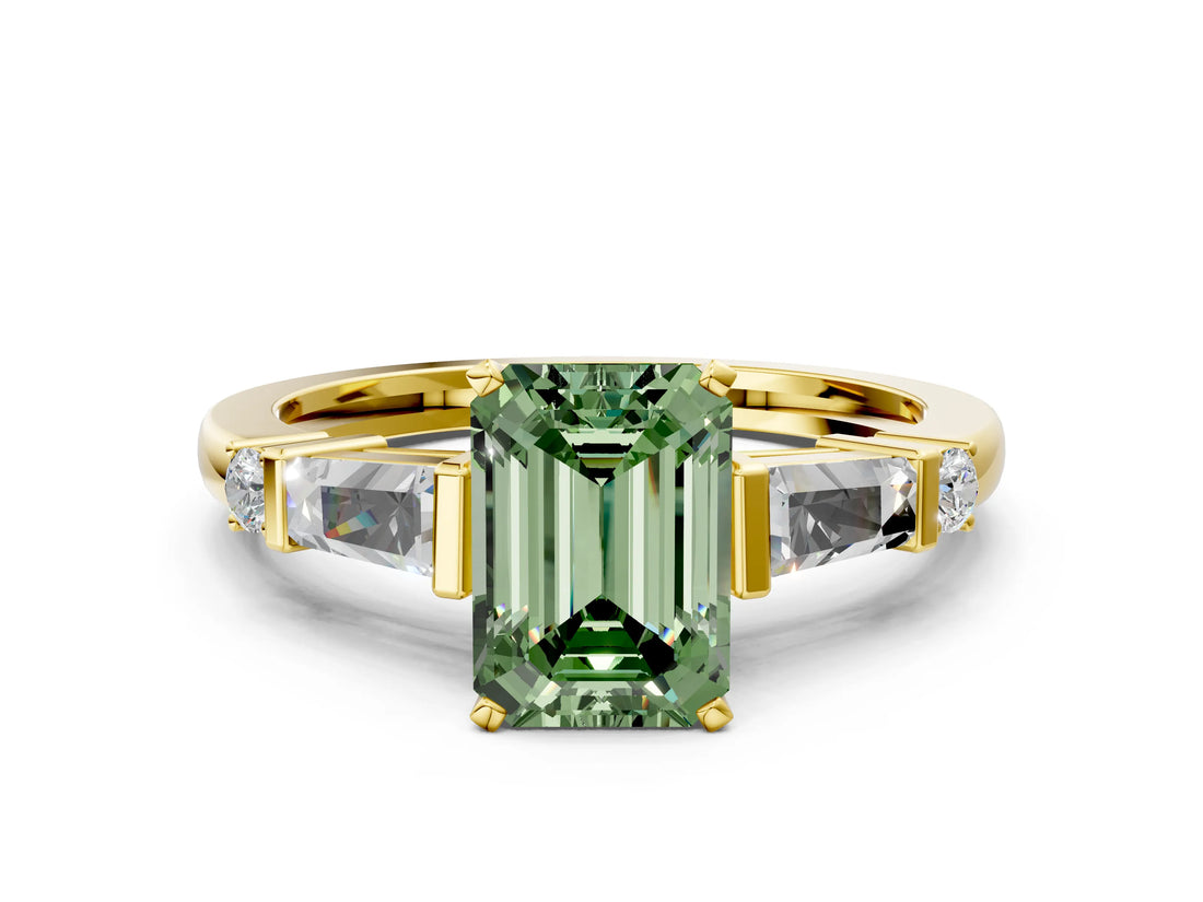 Yellow gold Fancy Green Emerald  Cut Diamond Ring with Baguette Side Stones, Channel Set Band, and Four-Prong Setting_24