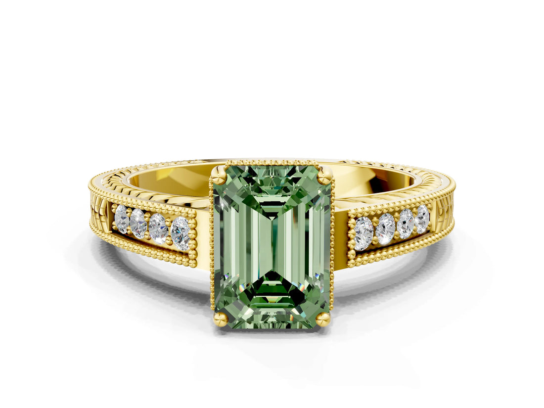 Yellow gold Fancy Green Emerald Cut Diamond Ring with Milgrain Pavé Band and Four-Prong Setting_20