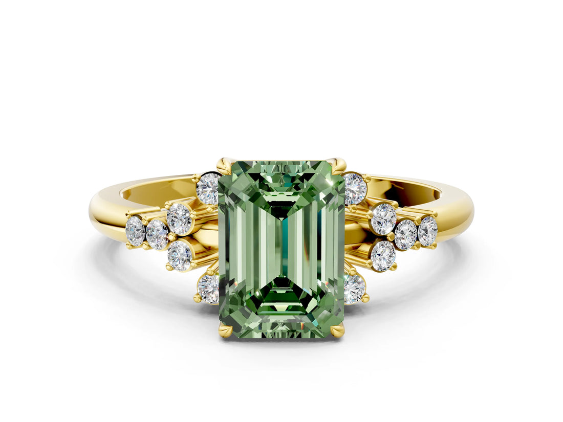 Yellow gold Fancy Green Emerald Cut Diamond Ring with Side Stones and Four-Prong Setting_78