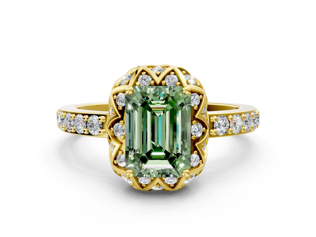 Yellow gold Fancy Green Emerald Cut Diamond Scalloped Halo Engagement Ring with Round Shared Prong Band_12
