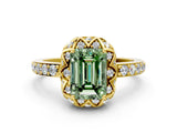 Yellow gold Fancy Green Emerald Cut Diamond Scalloped Halo Engagement Ring with Round Shared Prong Band_12