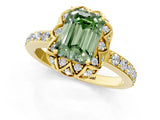 Yellow gold Fancy Green Emerald Cut Diamond Scalloped Halo Engagement Ring with Round Shared Prong Band_13