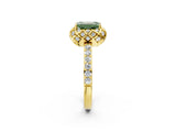 Yellow gold Fancy Green Emerald Cut Diamond Scalloped Halo Engagement Ring with Round Shared Prong Band_14