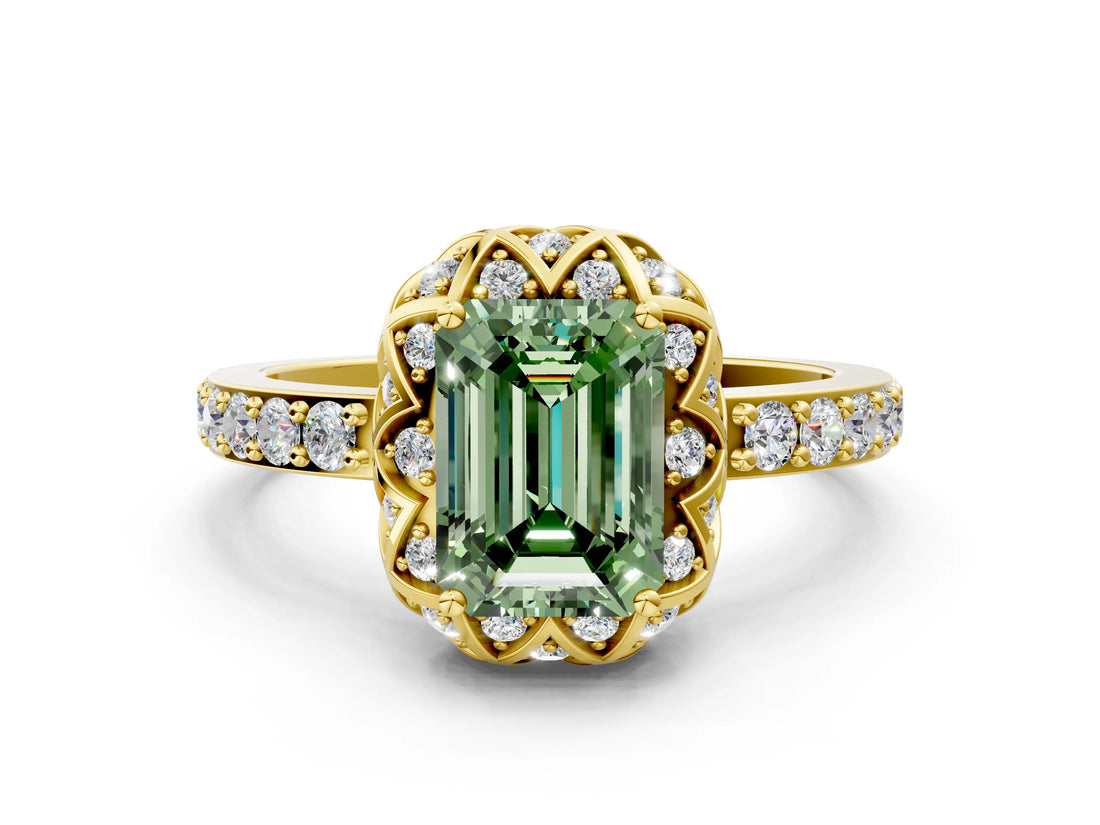 Yellow gold Fancy Green Emerald Cut Diamond Scalloped Halo Engagement Ring with Round Shared Prong Band_24
