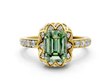 Yellow gold Fancy Green Emerald Cut Diamond Scalloped Halo Engagement Ring with Round Shared Prong Band_24