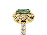 Yellow gold Fancy Green Emerald Cut Diamond Scalloped Halo Engagement Ring with Round Shared Prong Band_29